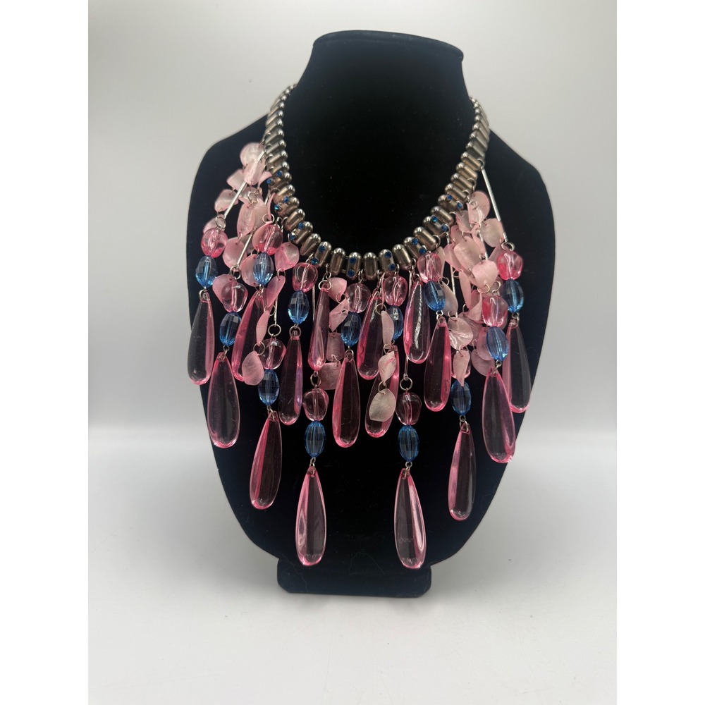 Pink and Blue Resin Teardrop Fringe Statement Necklace Silver Tone Rhinestone